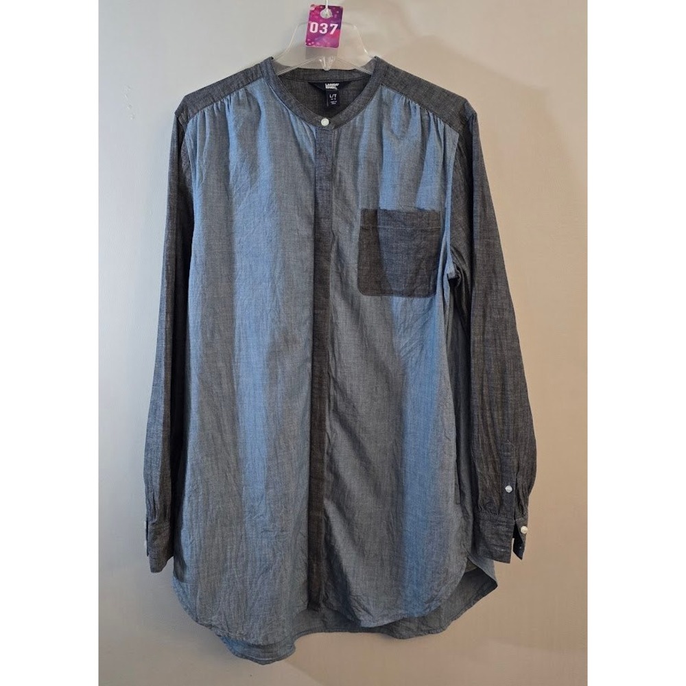 Lands' End Womens Tunic Blue Chambray Colorblock Button Up Top Pockets Size L/T